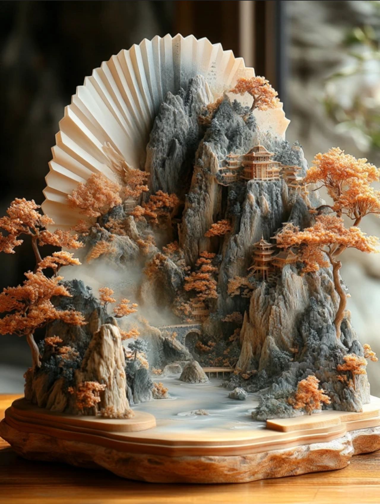 3D古风,折扇,立体,山水,雕刻,高清,图