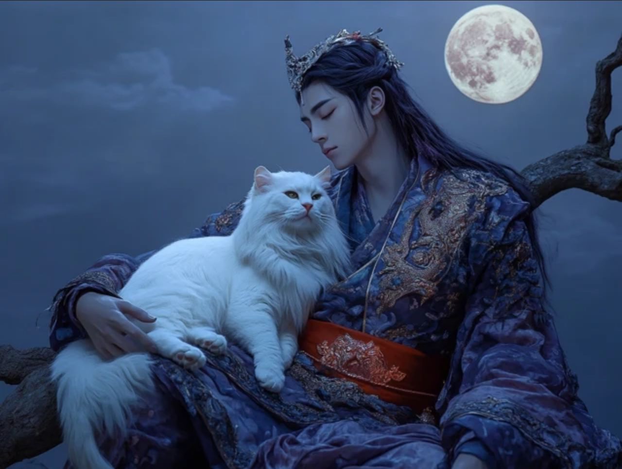 古风,美男,长发,抱猫,银冠,红金带