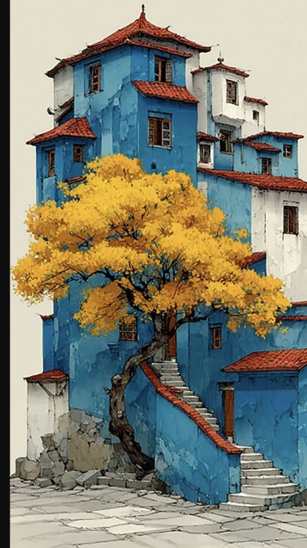 水彩,山村,艺术,吴冠,风格,绘画,风景,中国,水墨,自然,田园,山水,创作,色彩,笔触,意境,传统,现代,美学,文化