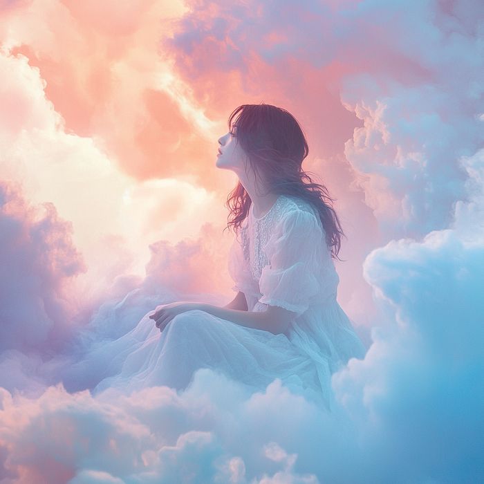 坐在粉彩云层上的空灵少女，柔光笼罩，薄雾缭绕，如梦似幻