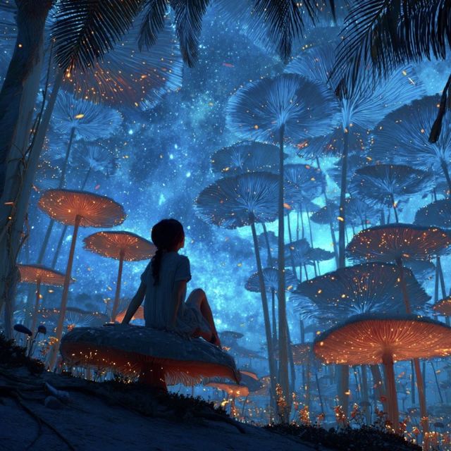 红发, 女子, 夜坐, 巨菇, 仰望, 星河