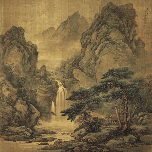 明朝,绢本,淡彩,山水,瀑布,画